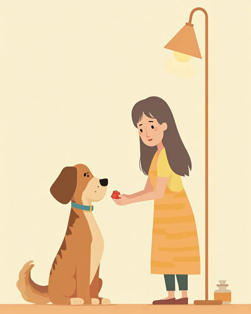 보호자가 강아지에게 간식에 숨긴 알약을 부드럽게 먹여 주는 장면