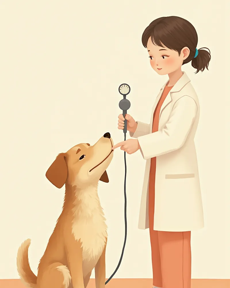 이경으로 강아지 귀 내부를 검사하는 수의사