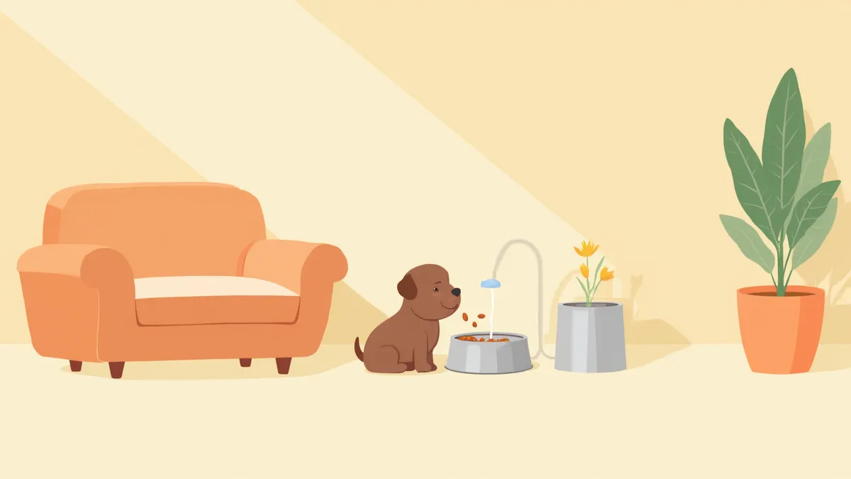 자동급식기에서 사료가 나오는 모습을 바라보는 강아지