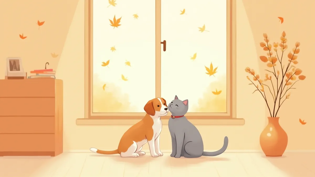 창가에 함께 앉아 있는 강아지와 고양이 일러스트