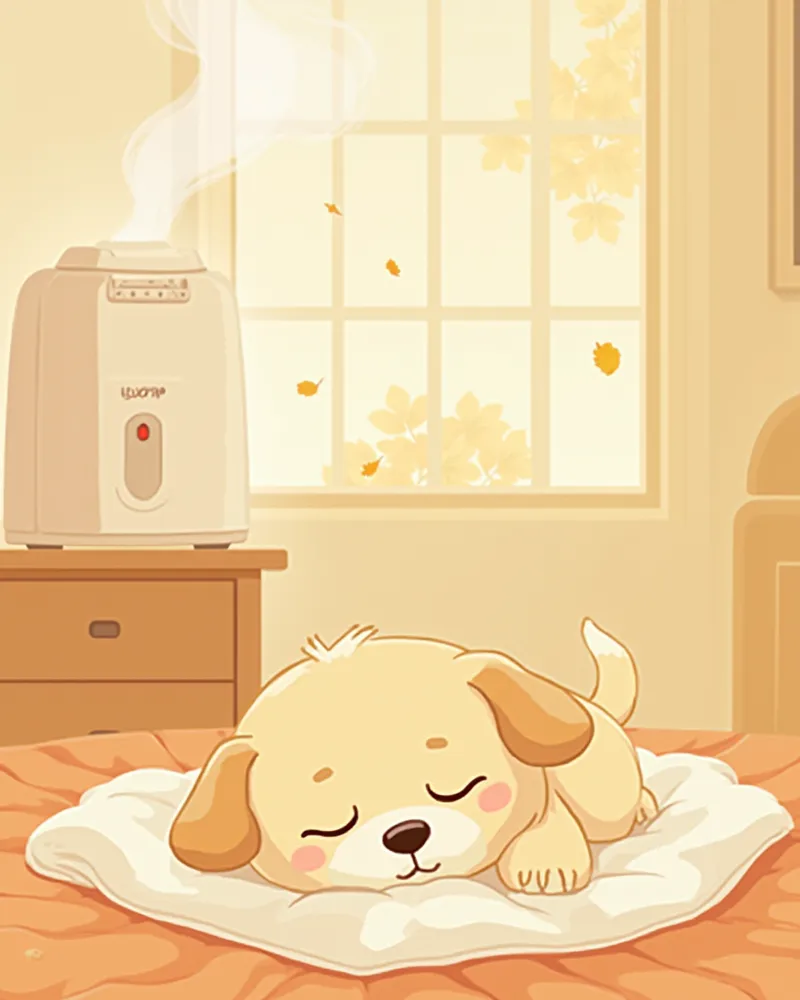 가습기 옆에서 담요를 덮고 자는 강아지