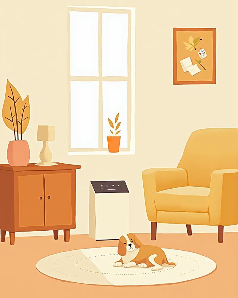 공기청정기가 작동 중인 거실에서 쉬고 있는 강아지