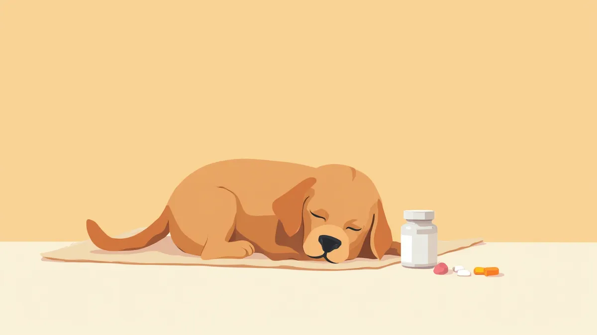 약병 옆에 편안히 잠든 강아지