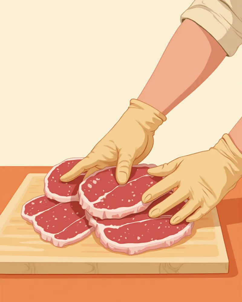 장갑을 끼고 생고기를 손질하는 모습