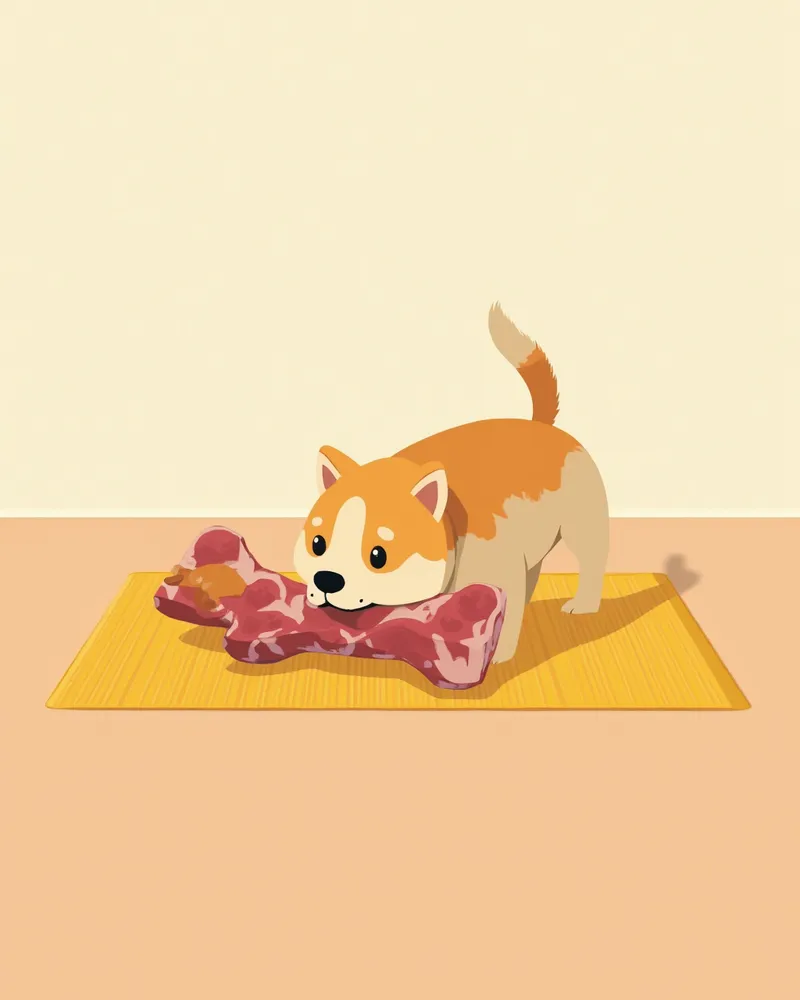 보호자가 지켜보는 가운데 생뼈를 씹고 있는 강아지