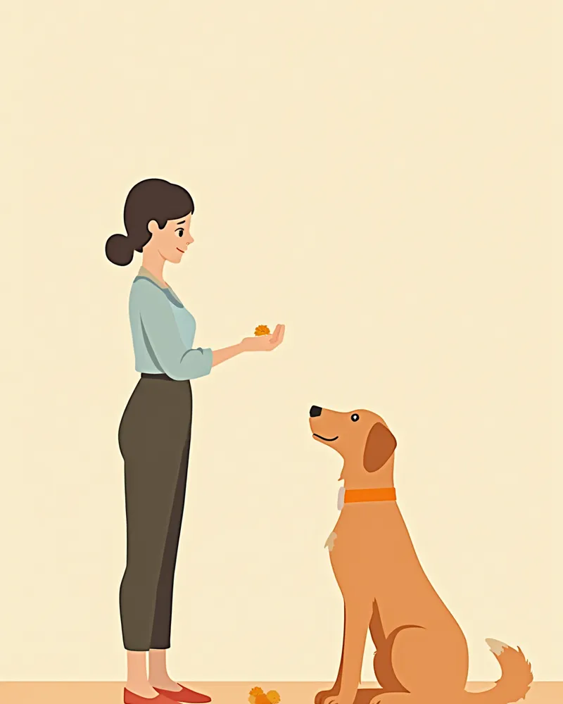 손 신호로 강아지에게 조용히 훈련시키는 보호자