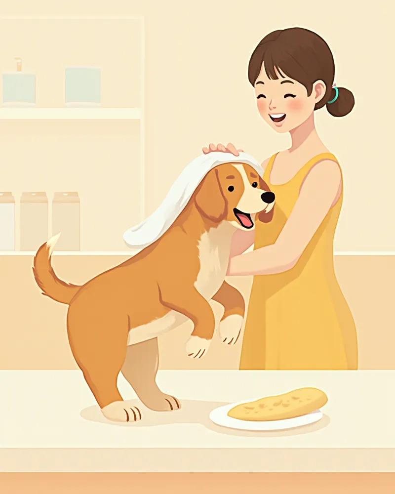 물놀이 후 수건으로 강아지 귀와 발을 말려주는 보호자