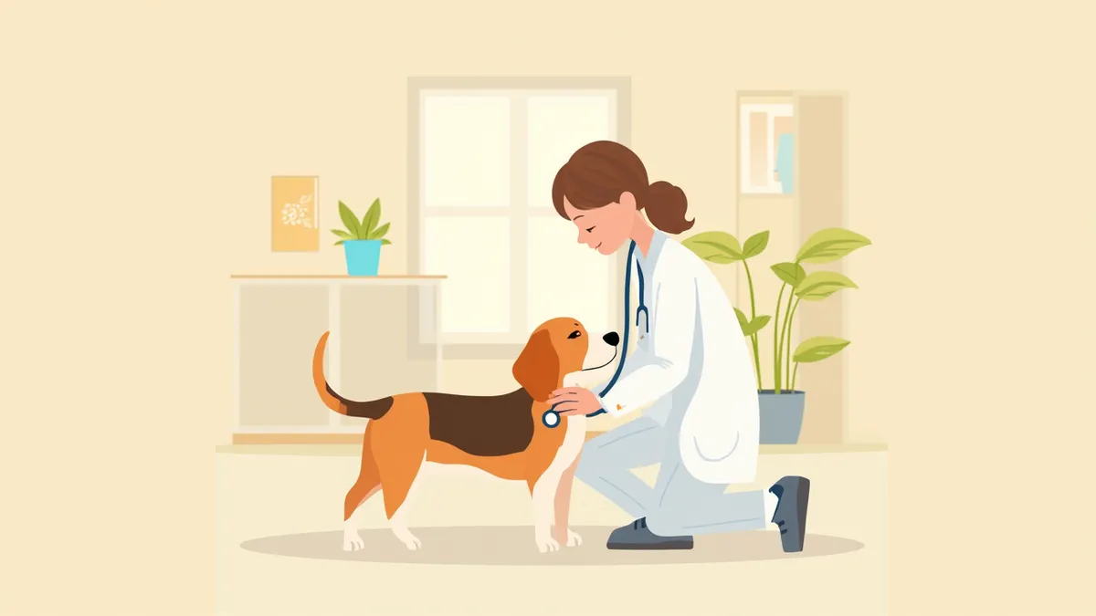 비글이 수의사에게 정기 검진을 받는 모습