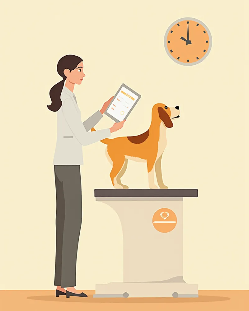 비글이 동물병원에서 체중을 재는 모습