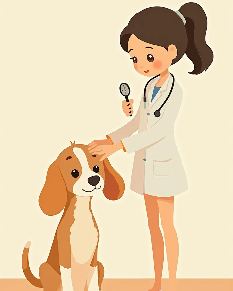 수의사가 비글의 귀를 이경으로 검사하는 모습