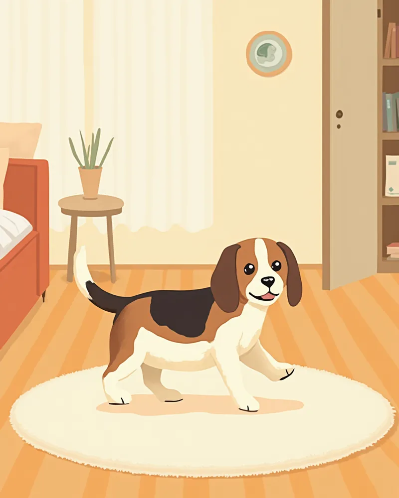 미끄럼 방지 매트가 깔린 거실에서 조심스럽게 걷는 비글