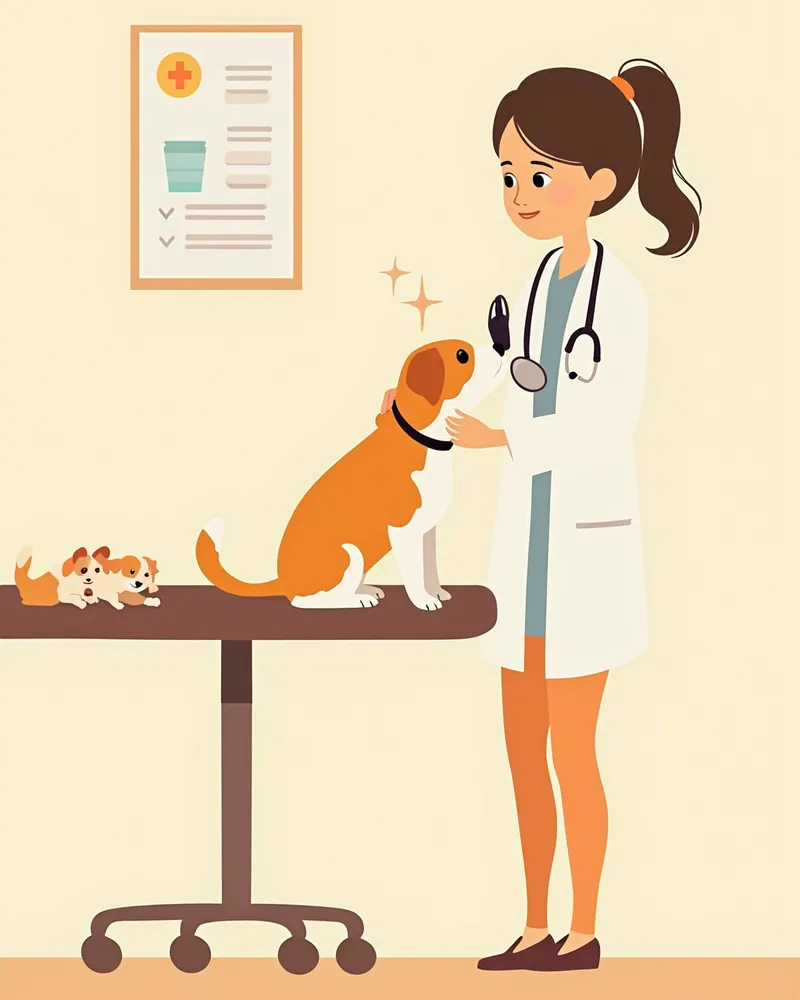 동물병원에서 검이경으로 비글의 귀를 검진하는 수의사