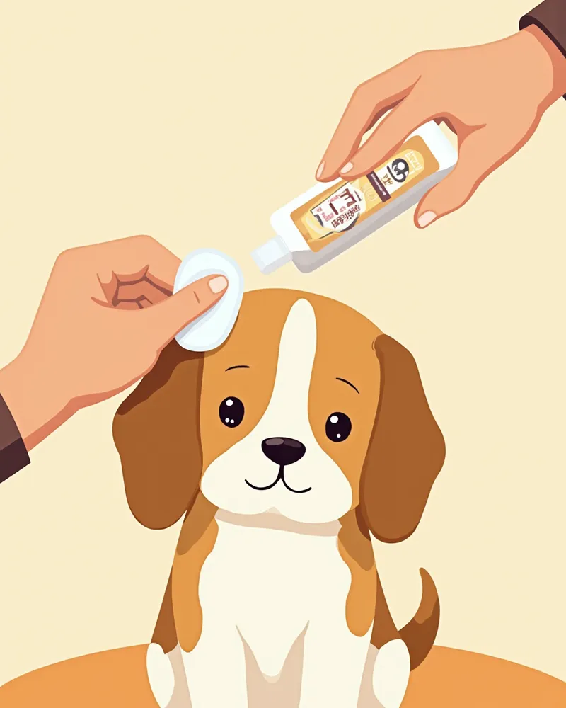 비글의 늘어진 귀를 들어 클리너로 닦아주는 모습