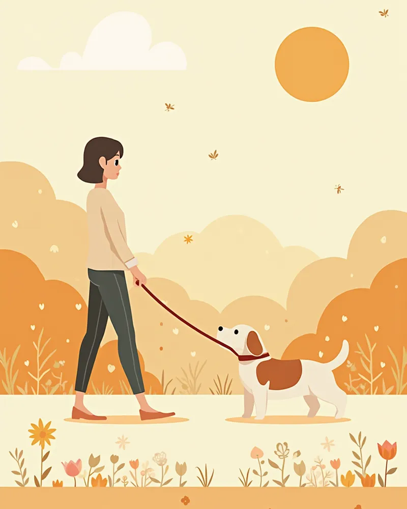 꽃밭을 피해 산책하는 강아지