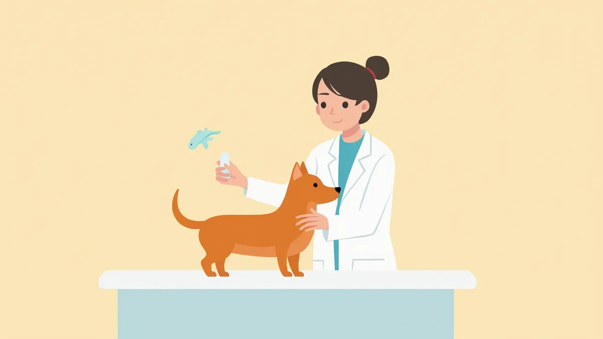 수의사가 강아지에게 베나제프릴 알약을 보여주는 모습