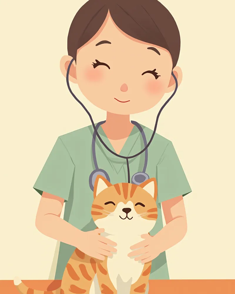 수의사가 청진기로 벵갈 고양이의 심장 소리를 듣고 있는 모습