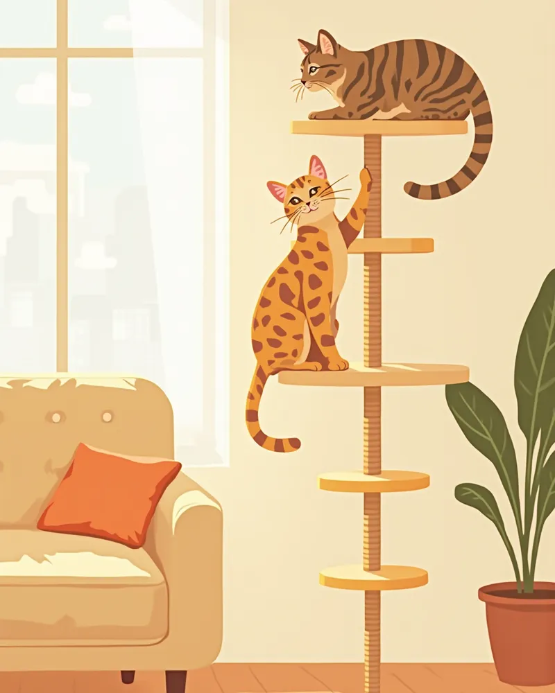 캣타워와 캣워크가 설치된 거실에서 노는 벵갈 고양이