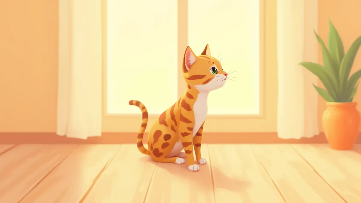 거실에서 햇빛을 받으며 앉아 있는 건강한 벵갈 고양이