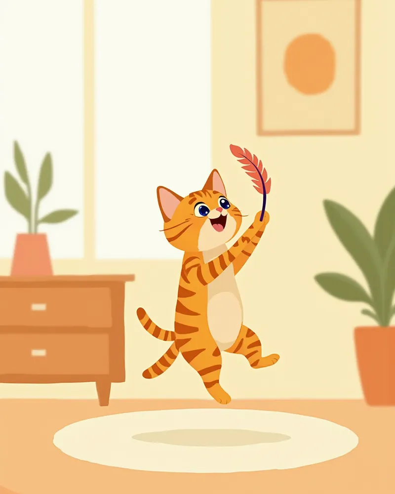 낚시대 장난감을 가지고 점프하며 노는 벵갈 고양이