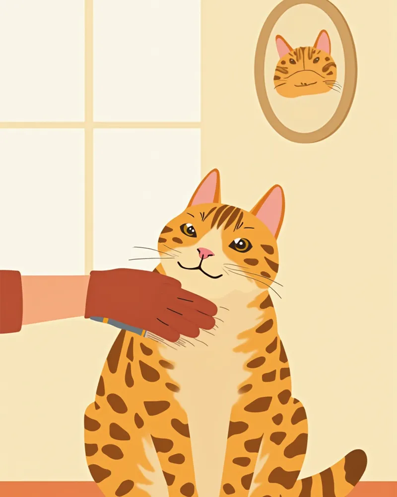 고무 글러브로 벵갈고양이를 빗질하는 모습