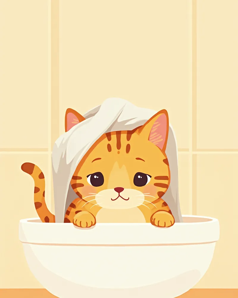 목욕 후 수건으로 닦이는 벵갈고양이