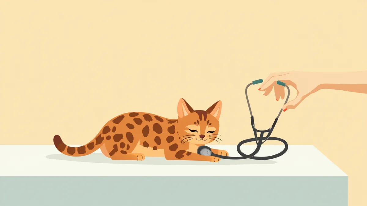 수의사에게 심장 청진을 받는 벵갈 고양이