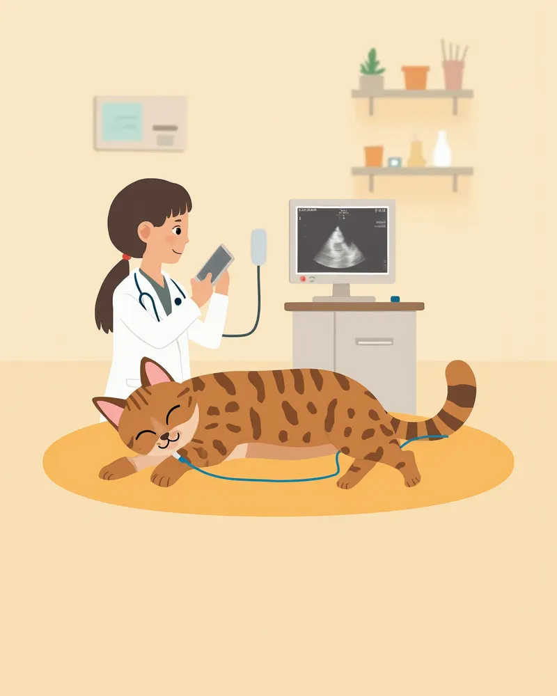 벵갈 고양이가 심장초음파 검사를 받는 모습