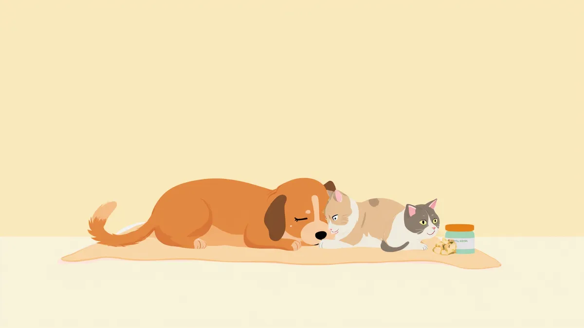 진정 영양제 옆에서 편안하게 쉬고 있는 강아지와 고양이