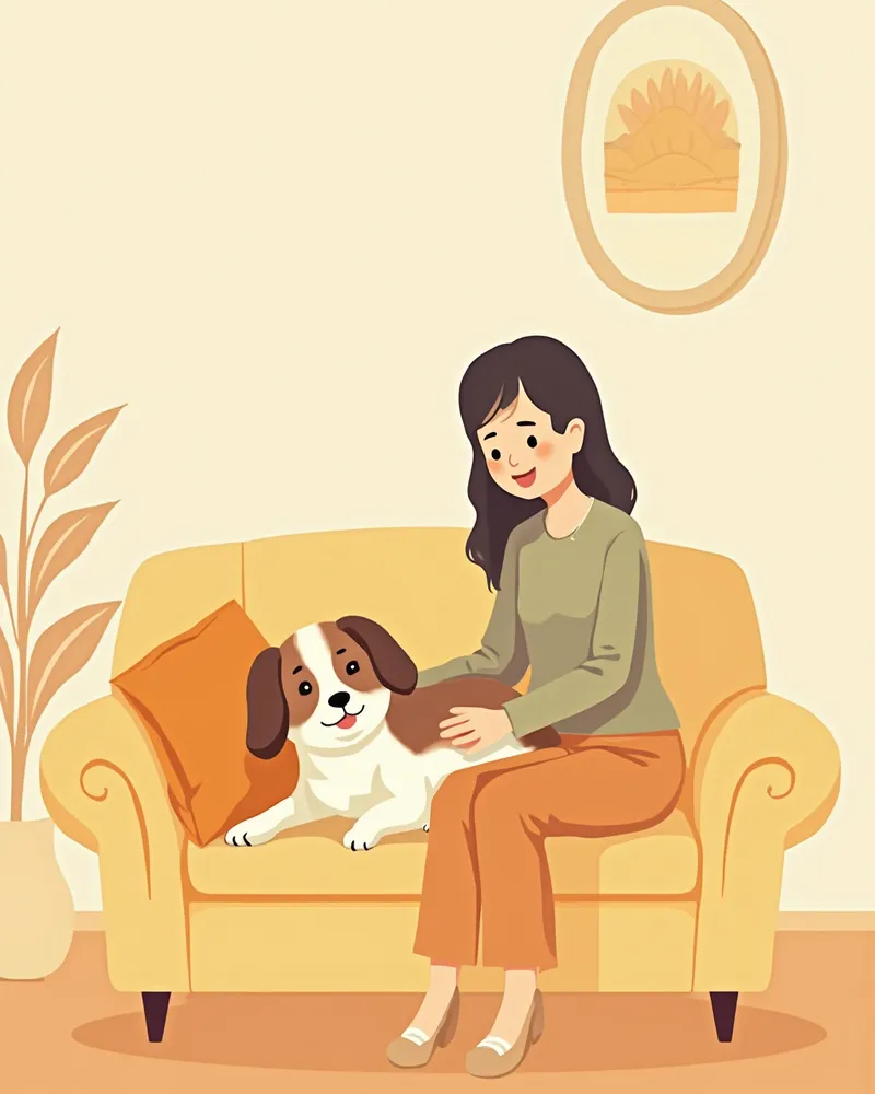 편안한 소파 위에서 보호자 손길을 받는 강아지