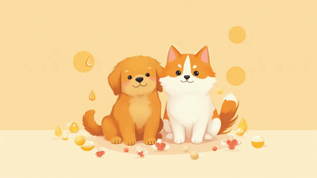 윤기 있는 털을 가진 강아지와 고양이, 영양제 캡슐