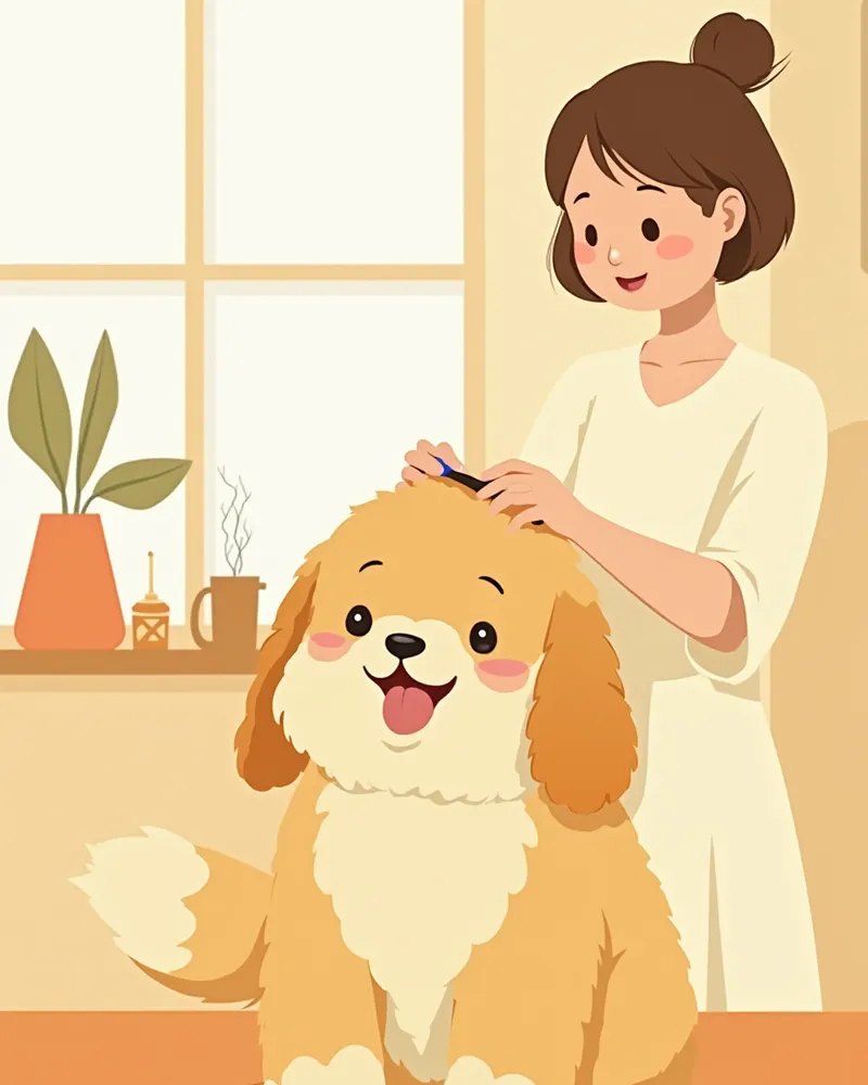 윤기 있는 털의 강아지를 빗질해주는 모습