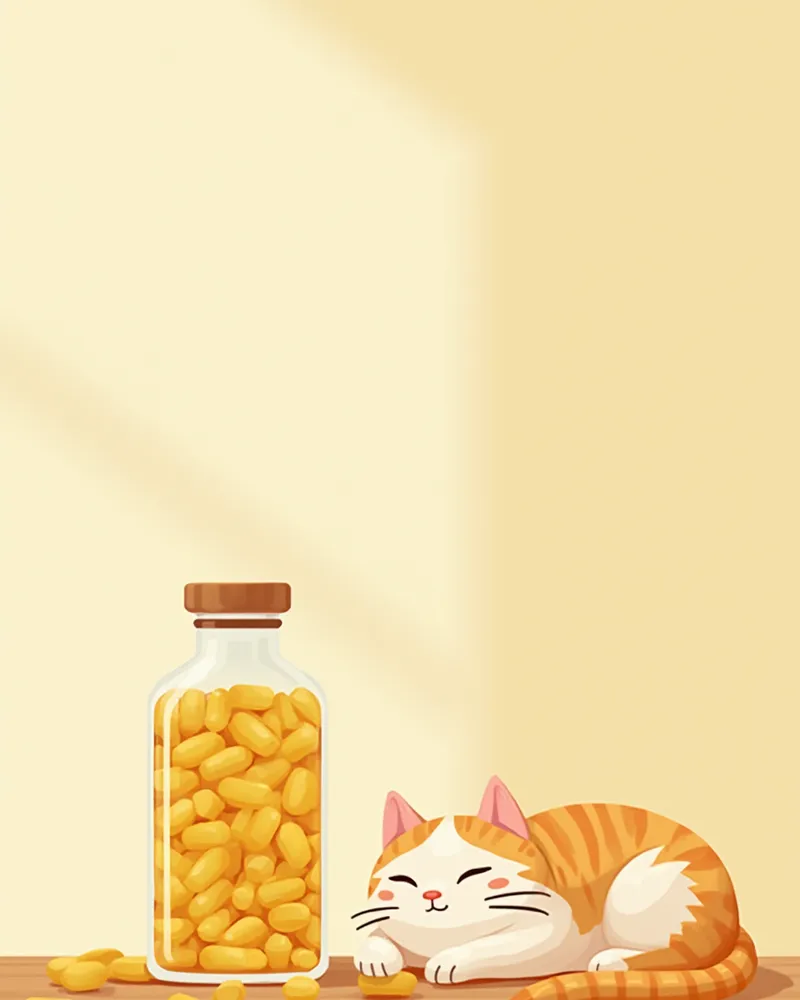 노령묘를 위한 영양제 캡슐과 잠든 고양이