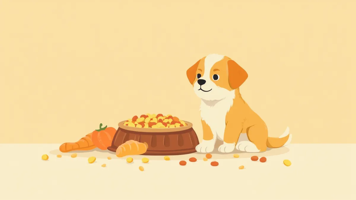 사료 그릇 앞에 앉아 있는 강아지와 신선한 재료들