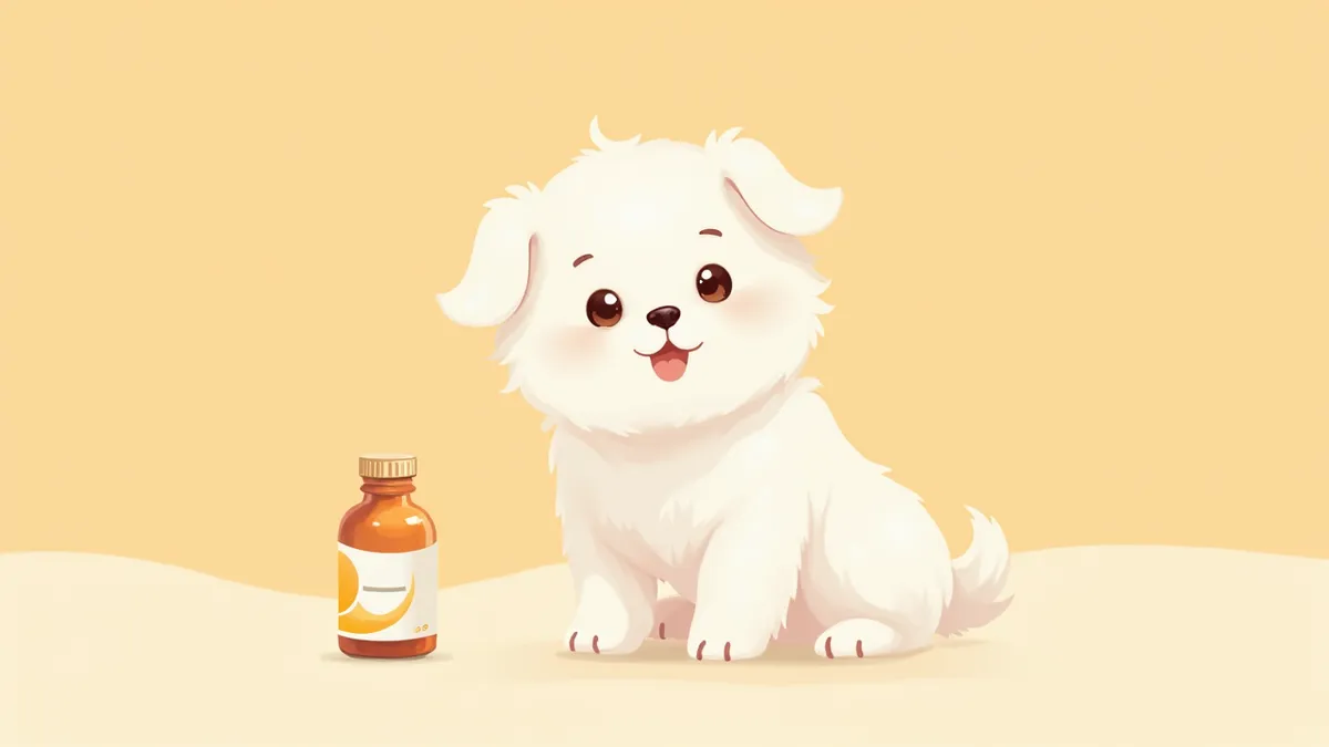 밝고 건강한 눈을 가진 강아지와 눈물 영양제 일러스트