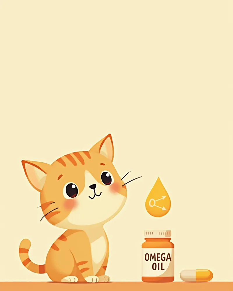 오메가-3 캡슐을 바라보는 고양이 일러스트