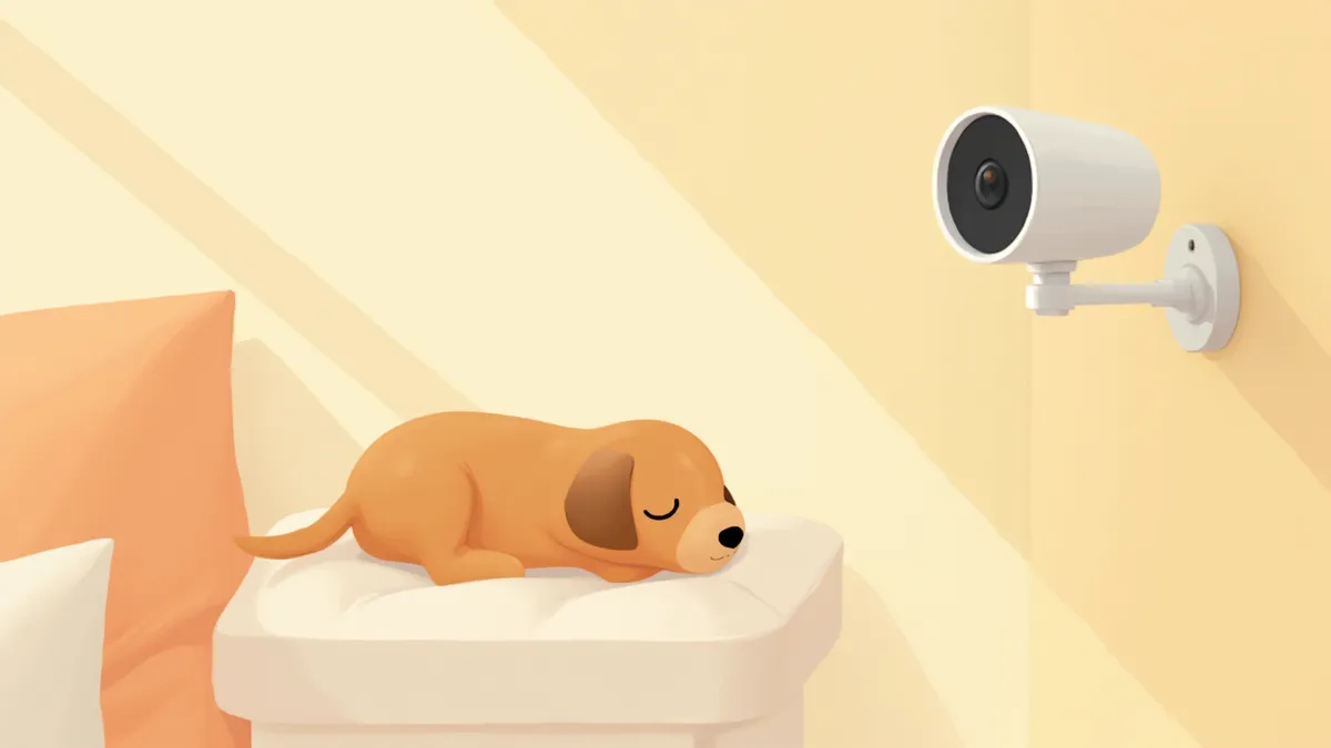 거실 벽면에 설치된 펫 카메라가 잠든 강아지를 비추는 모습