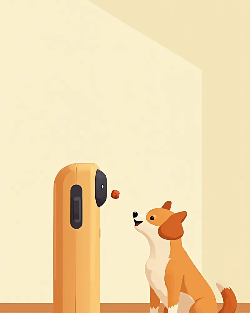 간식을 던지는 원통형 펫 카메라와 강아지