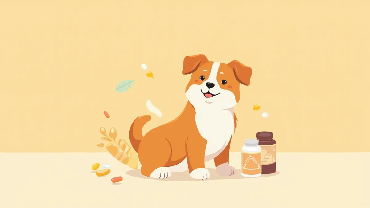 건강한 피부와 윤기 나는 털을 가진 강아지와 영양제 일러스트