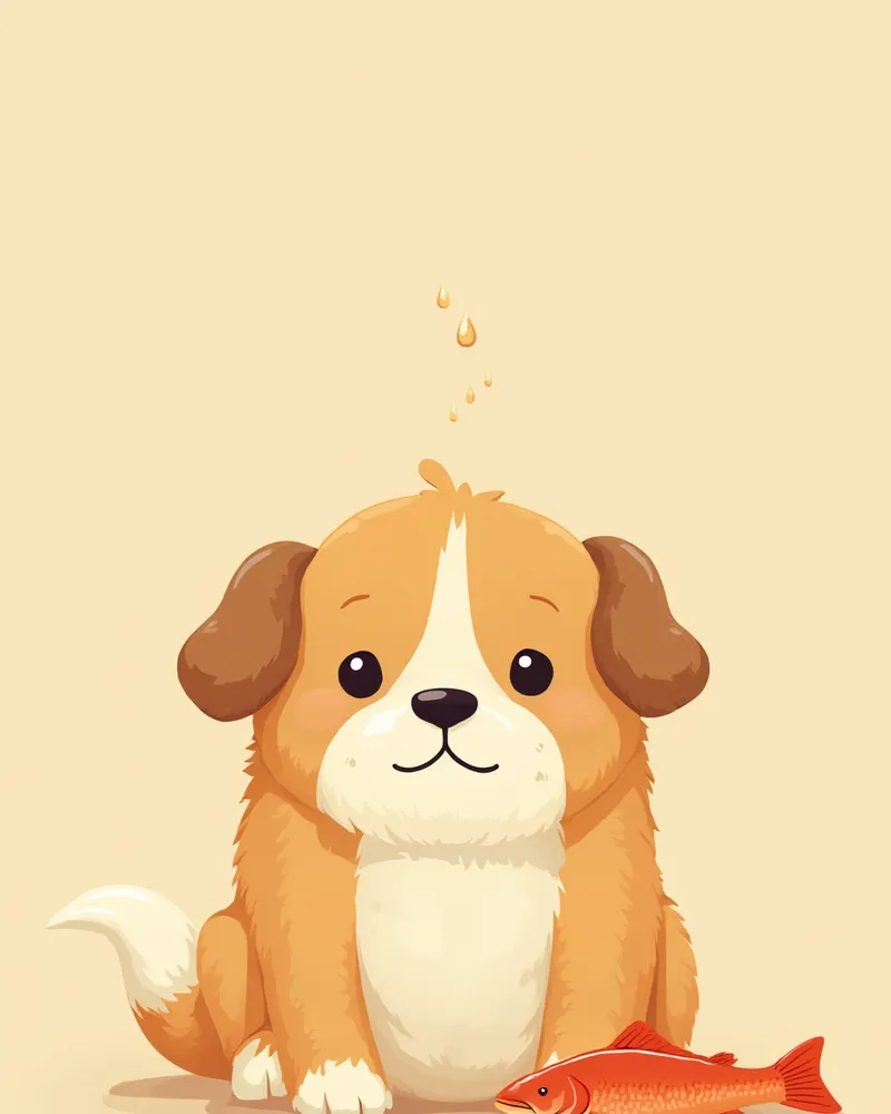 오메가-3 캡슐과 함께 있는 윤기 나는 강아지 일러스트