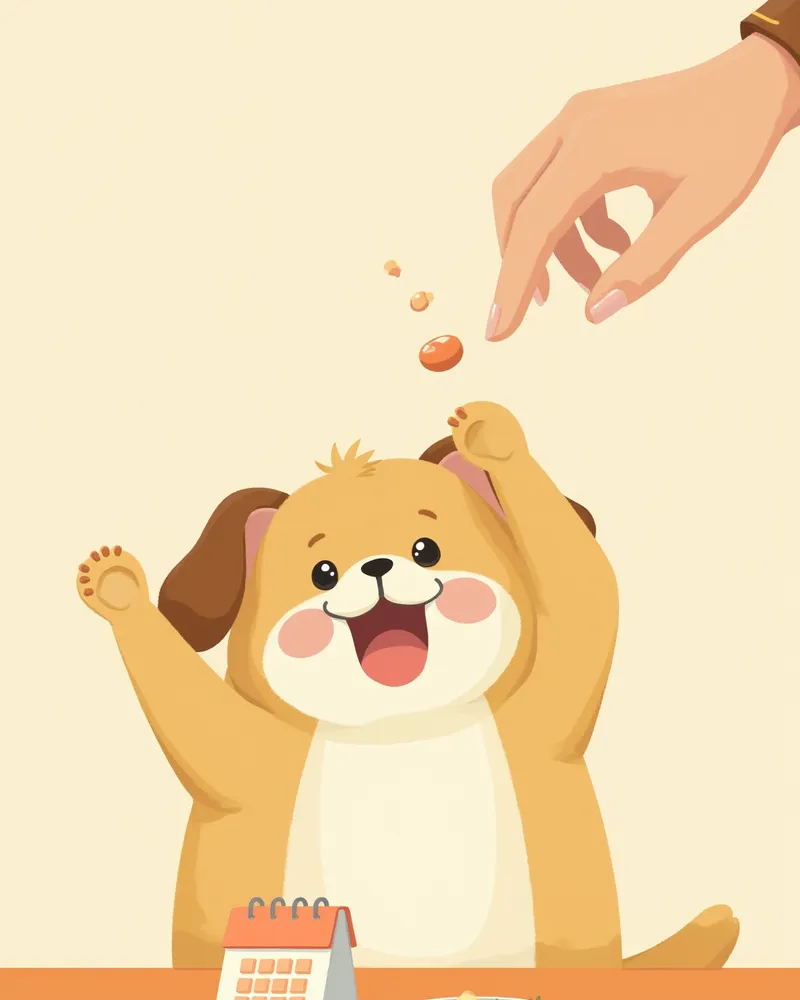 보호자에게 영양제를 받아먹는 강아지 일러스트