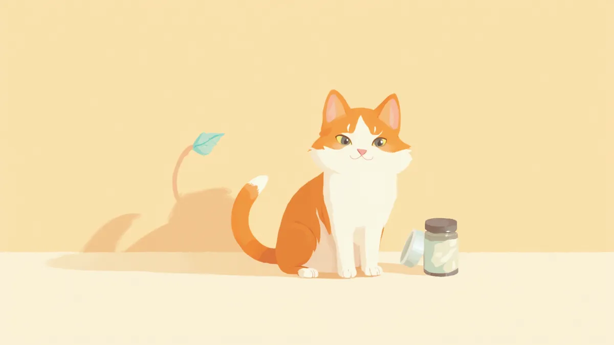 깨끗한 물그릇과 영양제 옆에 앉아 있는 고양이