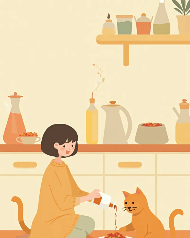 보호자가 습식 사료에 영양제를 섞어주는 모습