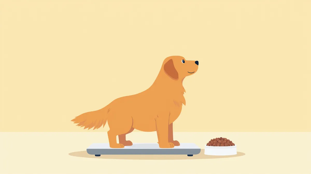 체중계 위에 선 골든리트리버와 다이어트 사료 그릇