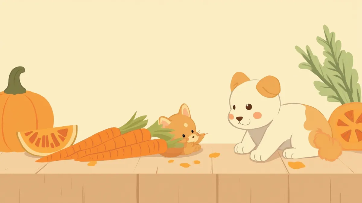 베타카로틴이 풍부한 채소를 바라보는 강아지와 고양이