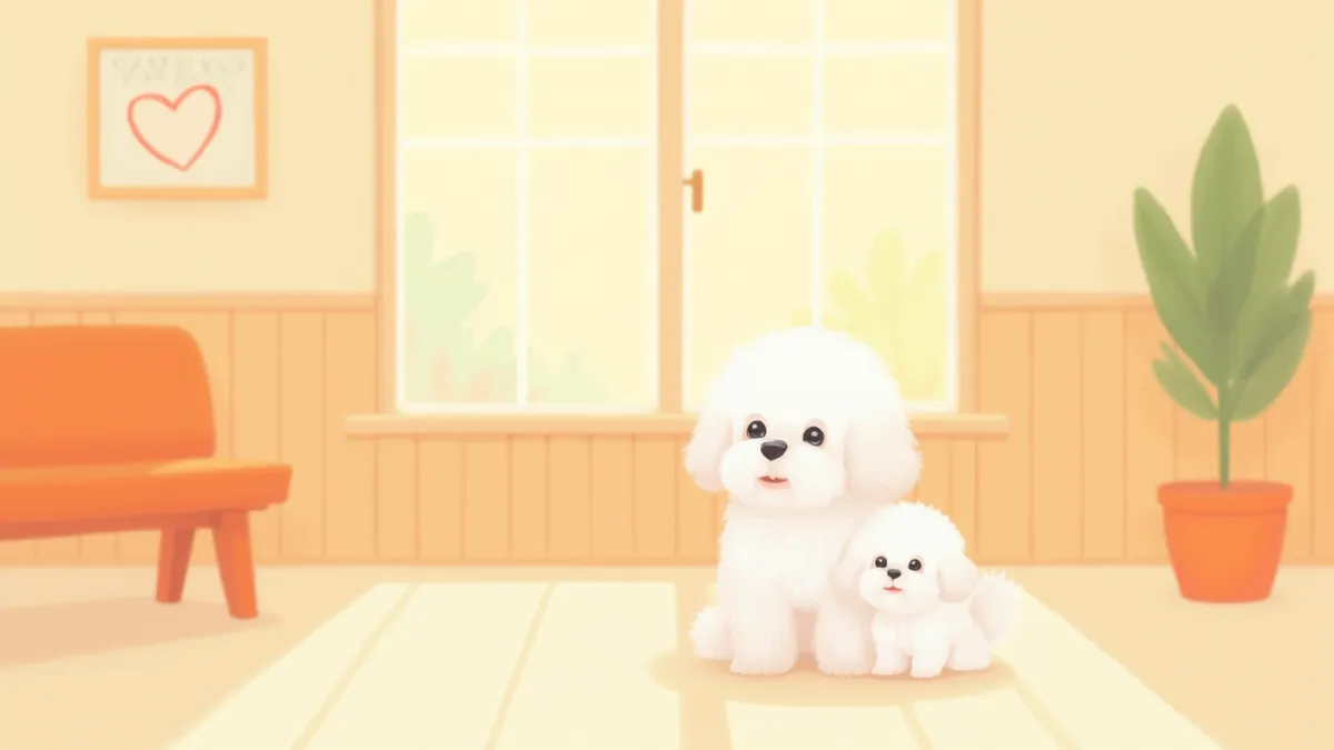 비숑 프리제 강아지와 성견이 동물병원에서 정기 검진을 기다리는 모습