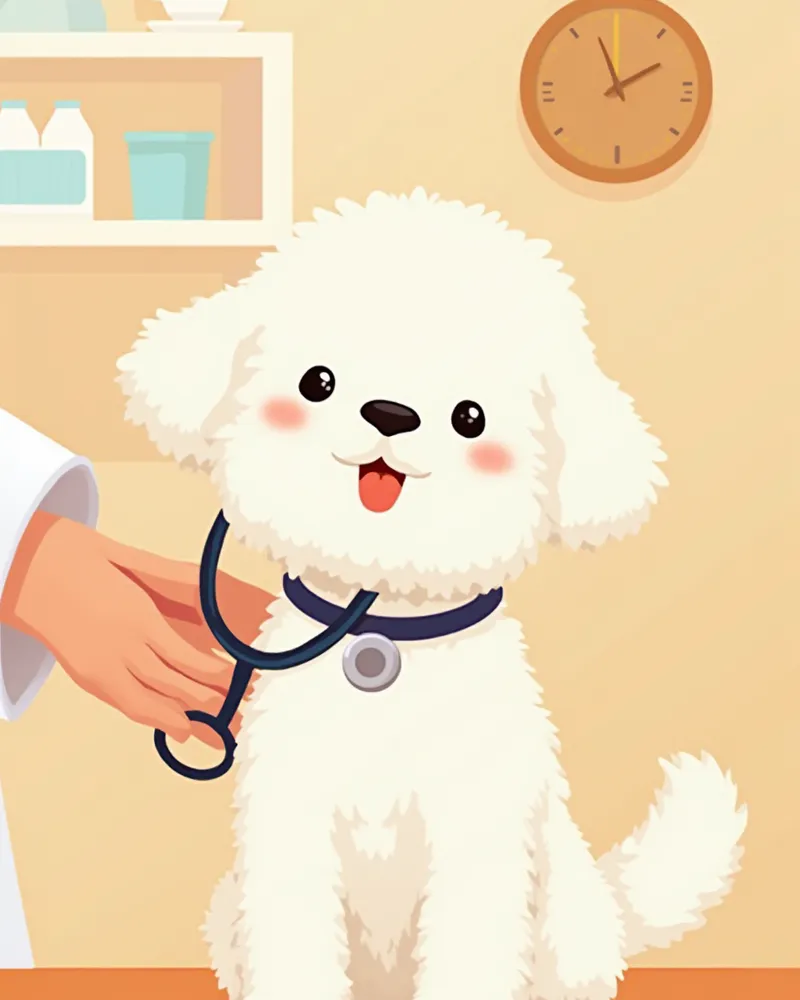 노령 비숑이 수의사에게 심장 청진 검진을 받는 모습