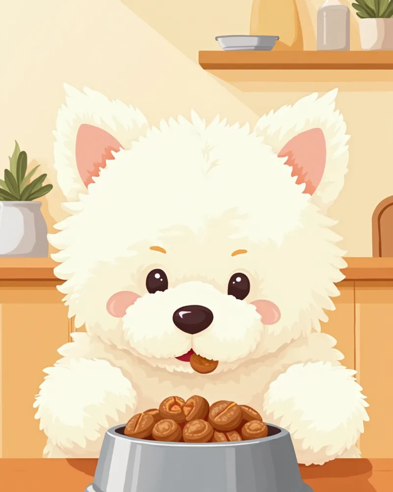 비숑이 영양 관리용 사료와 영양제를 먹고 있는 모습