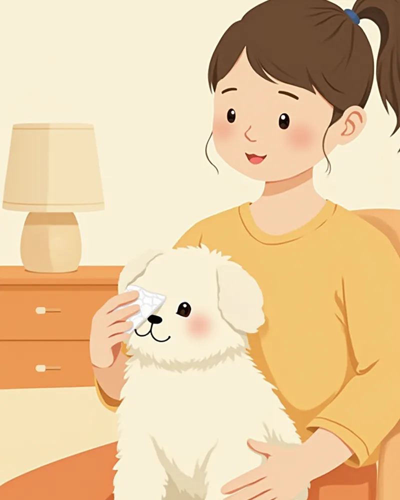 보호자가 비숑의 눈가를 부드럽게 닦아주는 모습