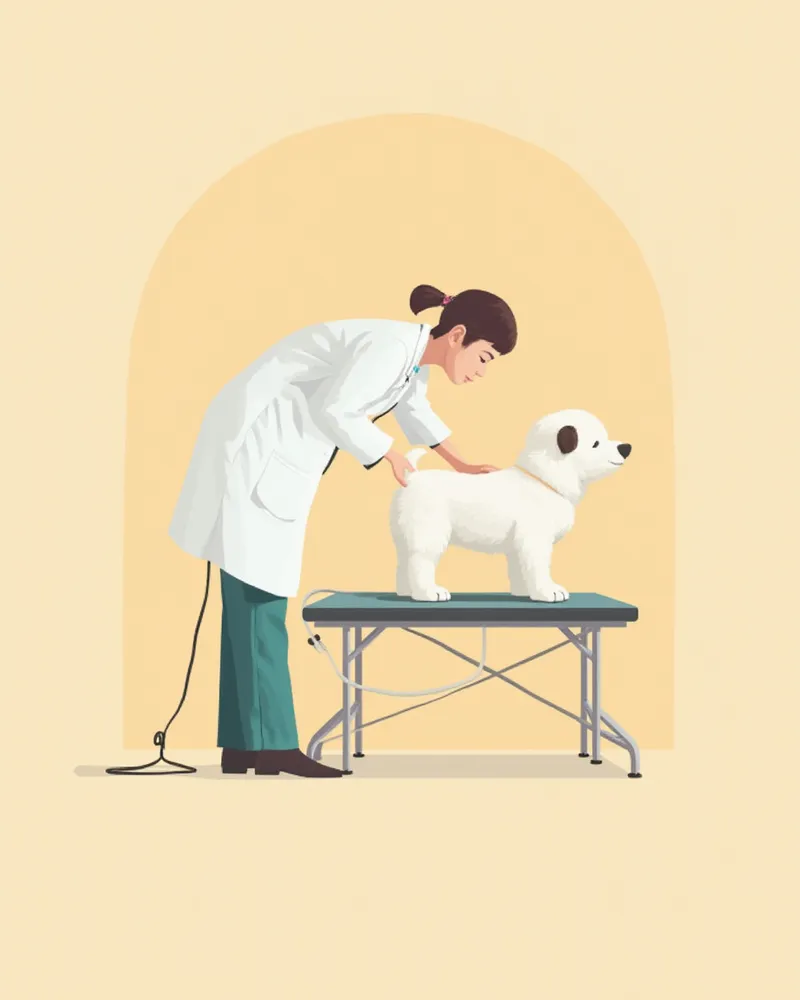 수의사가 비숑의 뒷다리를 진찰하는 모습