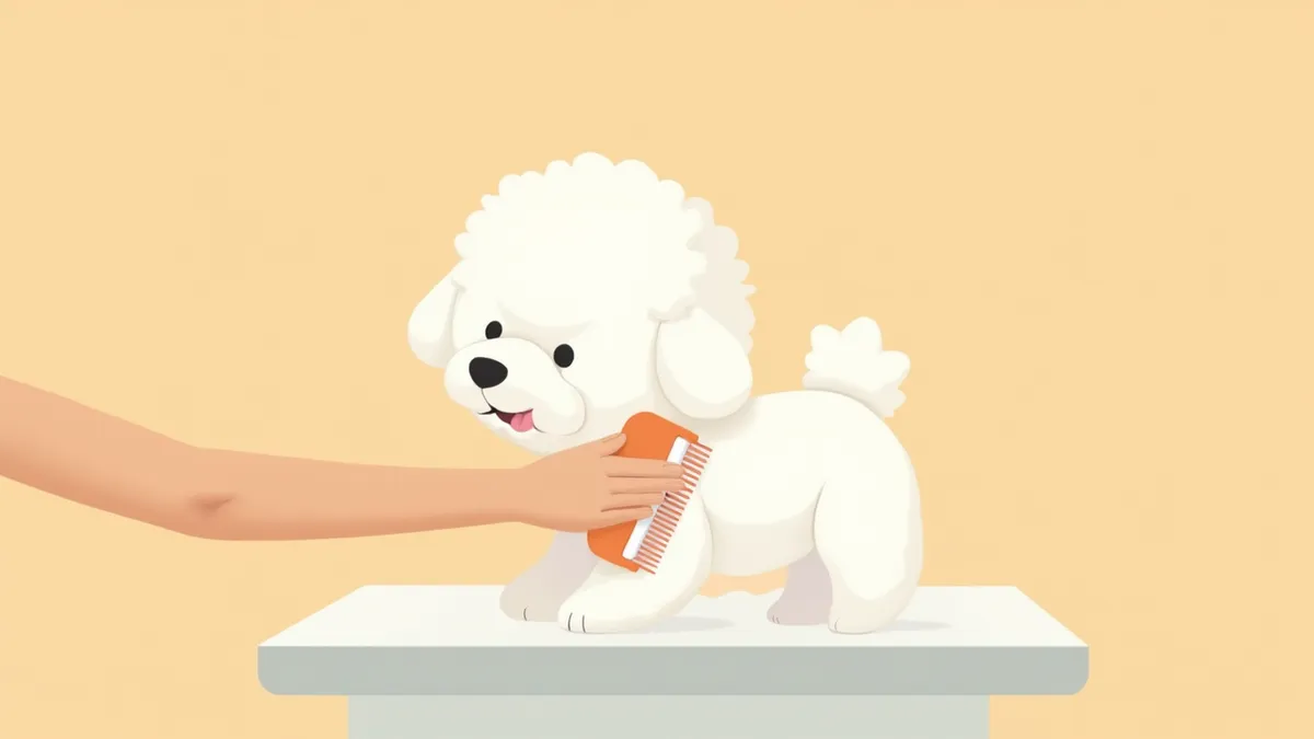 그루밍 테이블 위에서 파우더 퍼프 스타일로 손질되는 비숑